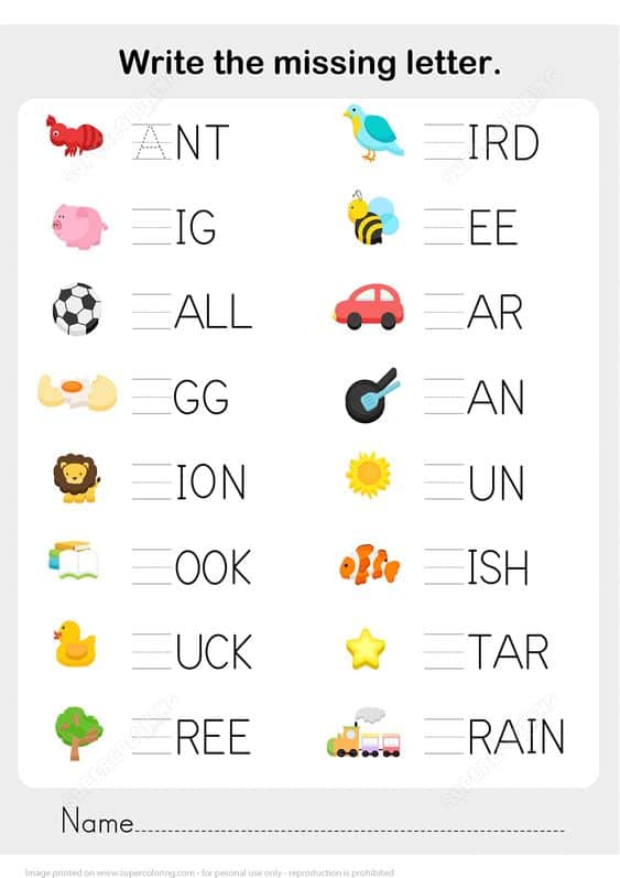 اكمل الكلمات ورك شيت - Missing Letters Worksheet
